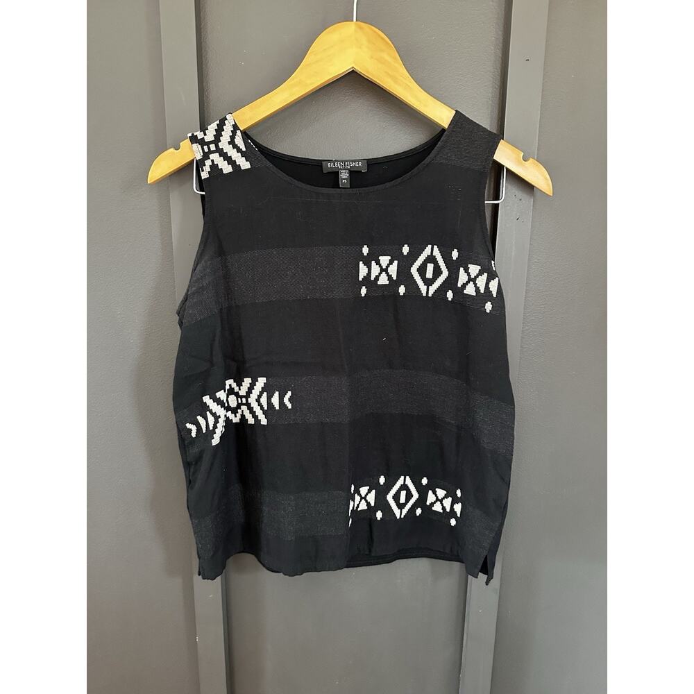 Eileen Fisher Black & White Tribal Geometric Sleeveless Organic Tank Top P Small